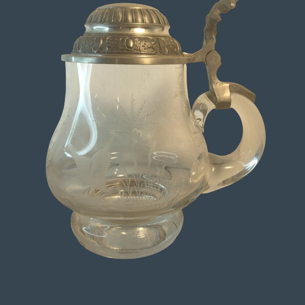 Vintage Hoffritz Glass Beer Stein Rein Zinn Pewter Lid Handle Engraved Goose Fox